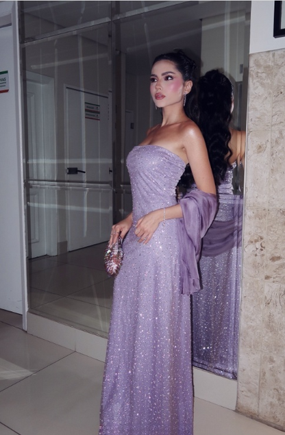 Glitter Sheath Purple Long Prom Dress Beaded Tulle Strapless Evening Dress  ED06425