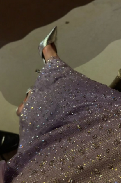 Glitter Sheath Purple Long Prom Dress Beaded Tulle Strapless Evening Dress  ED06425