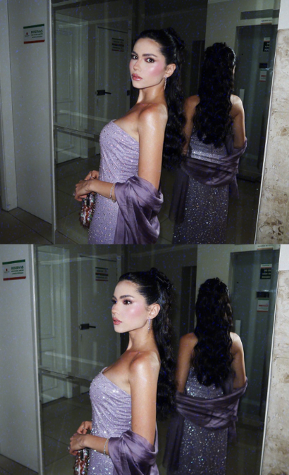 Glitter Sheath Purple Long Prom Dress Beaded Tulle Strapless Evening Dress  ED06425