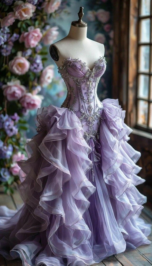 Gorgeous A-Line Purpie Long Prom Dress Beaded Tulle Sweetheart Evening Dress Sleeveless Sweet 16 Dress ED06428