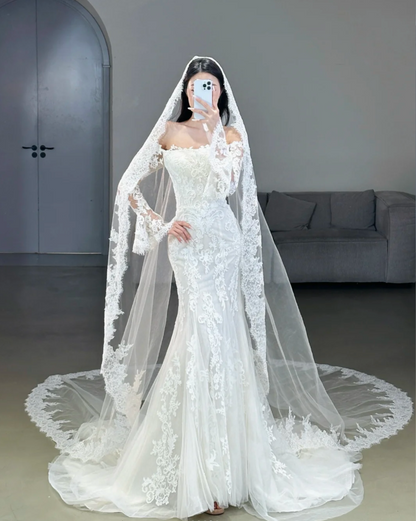 Elegant Memraid Long Wedding Dress Appliques Tulle White Bridal Gowns Off-shoulder Long Sleeves Bridal Dress ED06429