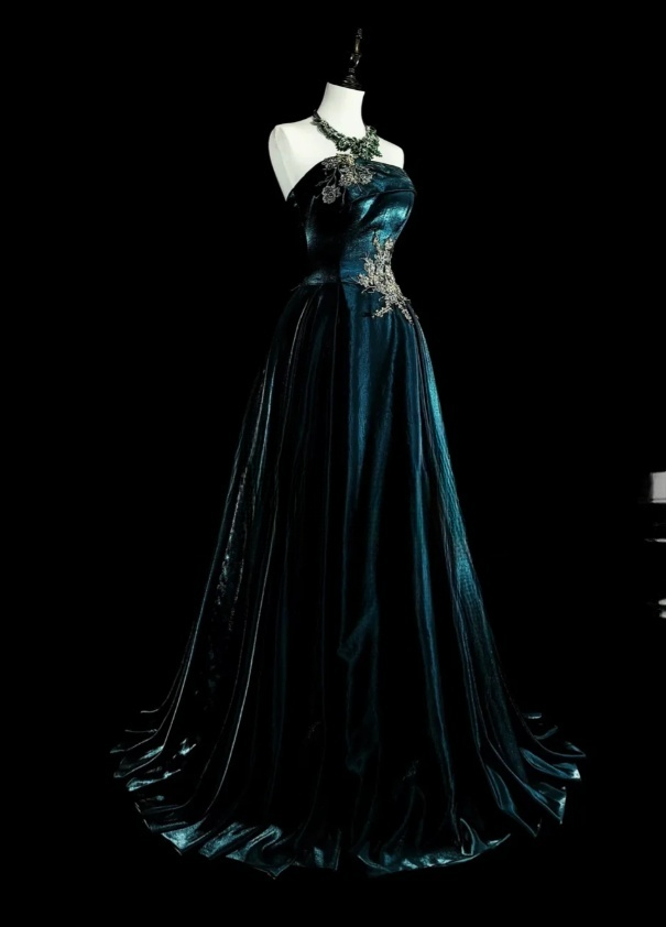 Elegant A-Line Teal Long Prom Dress Velvet Strapless Evening Dress Sleeveless Party Dress ED06431