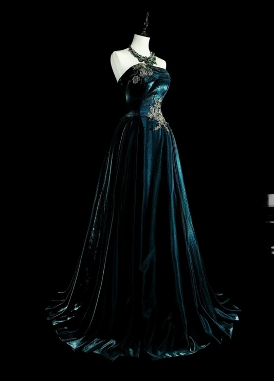 Elegant A-Line Teal Long Prom Dress Velvet Strapless Evening Dress Sleeveless Party Dress ED06431