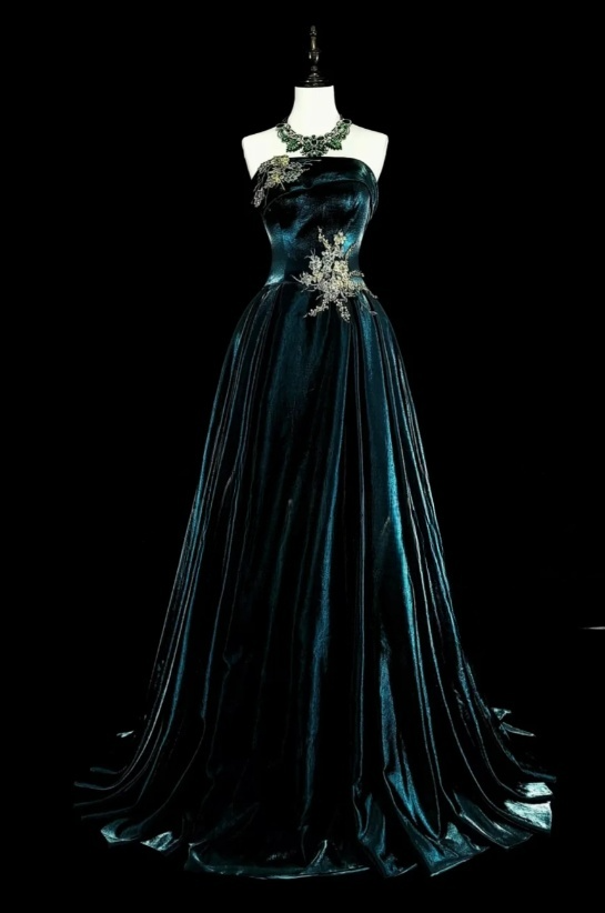 Elegant A-Line Teal Long Prom Dress Velvet Strapless Evening Dress Sleeveless Party Dress ED06431