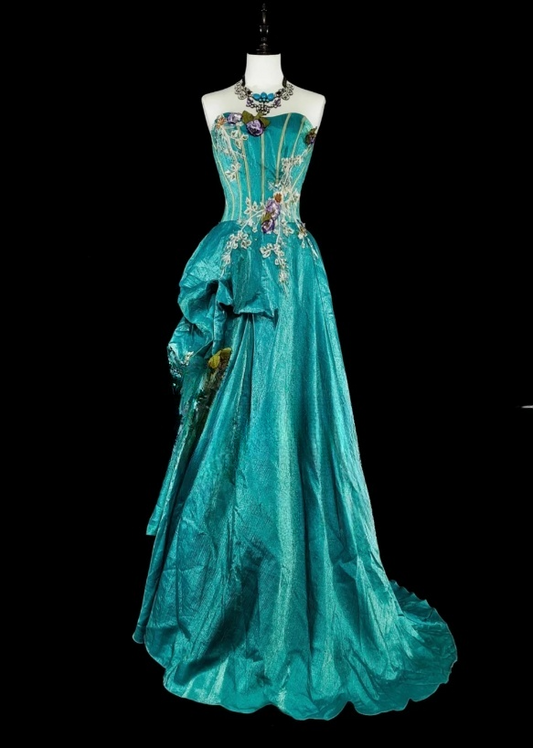 Elegant A-Line Turquoise Long Prom Dress Applique Satin Strapless Evening Dress Sleeveless Party Dress ED06432