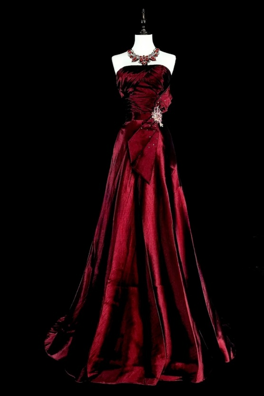 Elegant A-Line Burgundy‘ Long Prom Dress Satin Strapless Evening Dress Sleeveless Party Dress ED06433