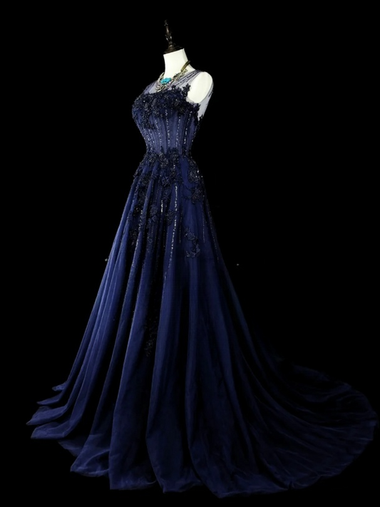 Elegant A-Line Navy Blue Long Prom Dress Beaded Tulle Sheer Straps Evening Dress Sleeveless Party Dress ED06434