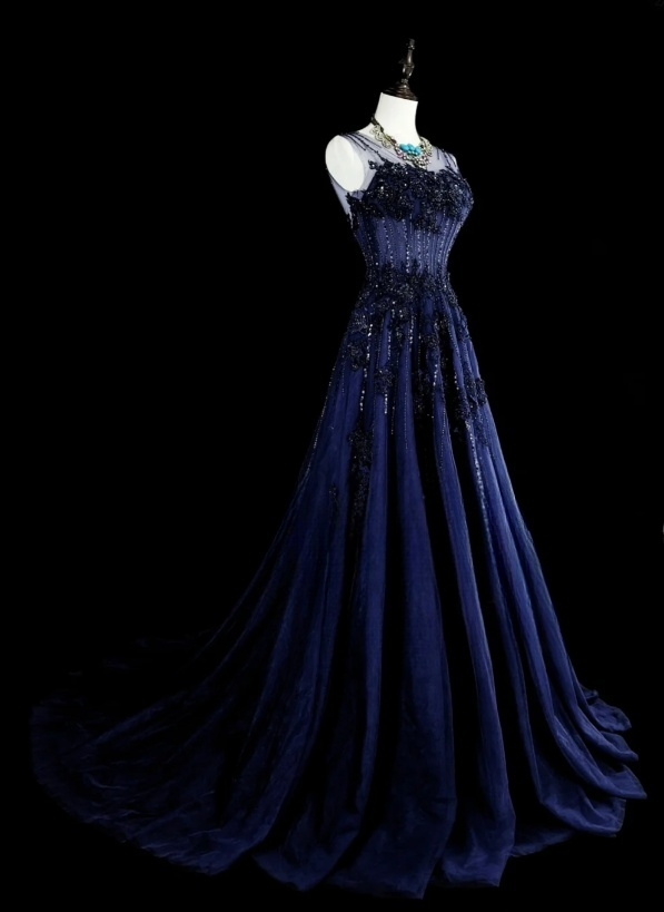 Elegant A-Line Navy Blue Long Prom Dress Beaded Tulle Sheer Straps Evening Dress Sleeveless Party Dress ED06434