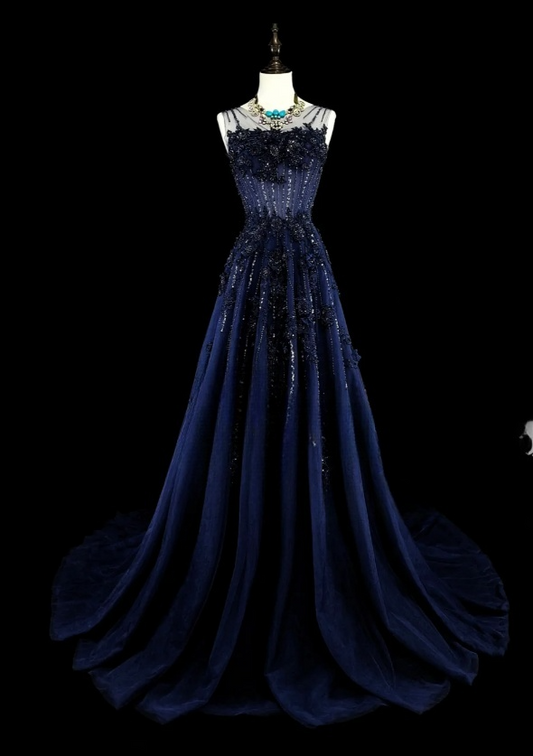 Elegant A-Line Navy Blue Long Prom Dress Beaded Tulle Sheer Straps Evening Dress Sleeveless Party Dress ED06434
