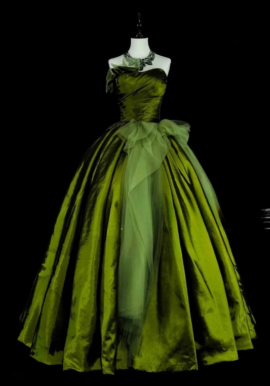 Elegant A-Line Green Long Prom Dress Satin Strapless Evening Dress Sleeveless Party Dress ED06435