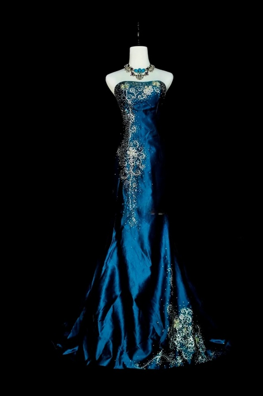 Elegant A-Line Dark Teal Long Prom Dress Satin Beaded Strapless Evening Dress Sleeveless Formal Dress ED06436