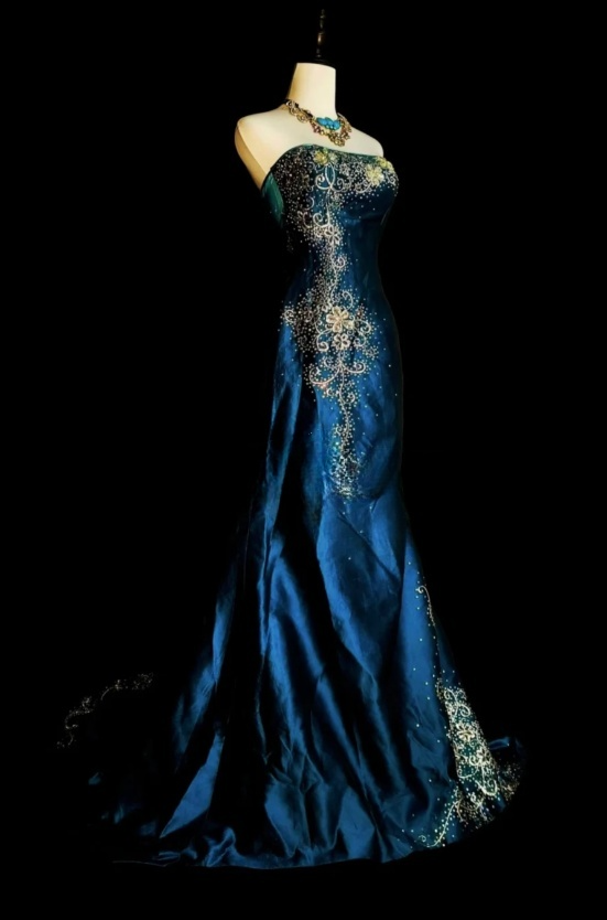 Elegant A-Line Dark Teal Long Prom Dress Satin Beaded Strapless Evening Dress Sleeveless Formal Dress ED06436