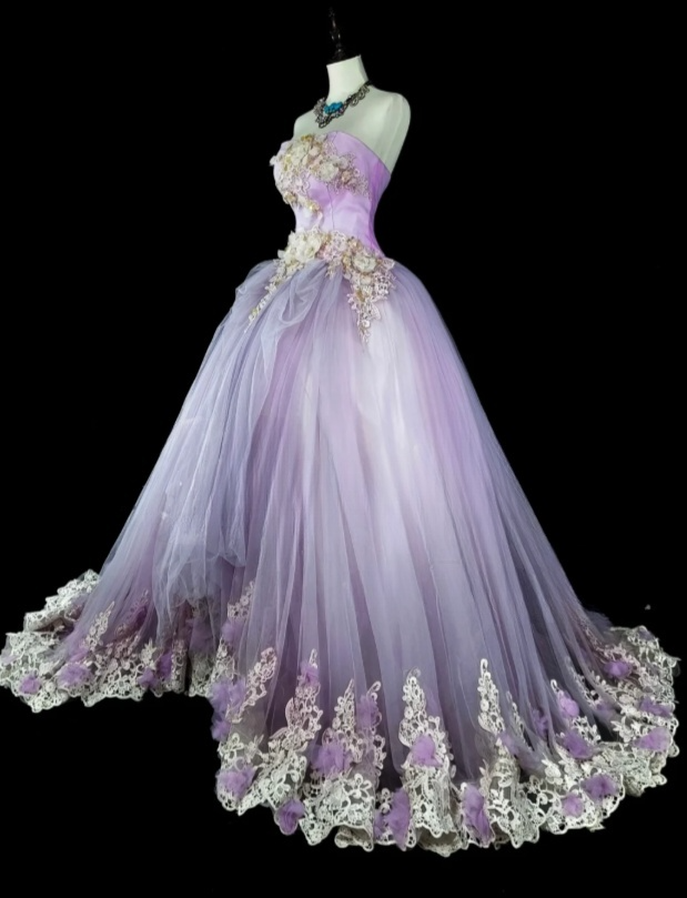 Elegant A-Line Purple Long Prom Dress Applique Tulle Strapless Evening Dress Sleeveless Formal Dress ED06437