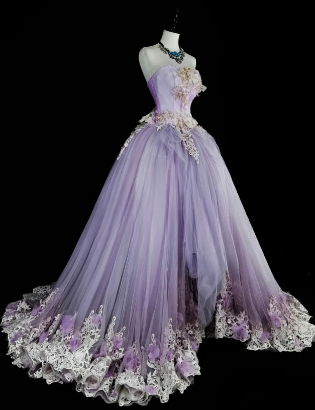 Elegant A-Line Purple Long Prom Dress Applique Tulle Strapless Evening Dress Sleeveless Formal Dress ED06437