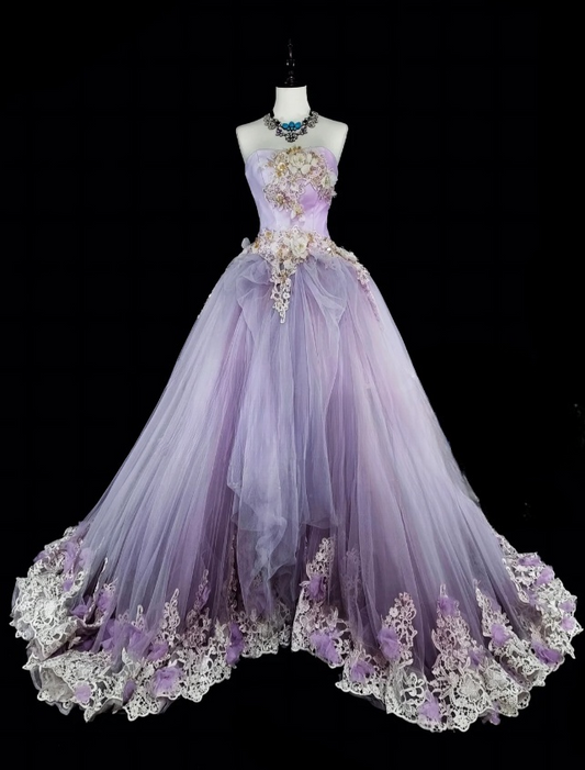 Elegant A-Line Purple Long Prom Dress Applique Tulle Strapless Evening Dress Sleeveless Formal Dress ED06437