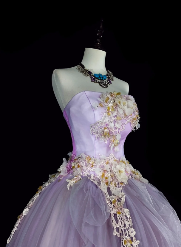 Elegant A-Line Purple Long Prom Dress Applique Tulle Strapless Evening Dress Sleeveless Formal Dress ED06437