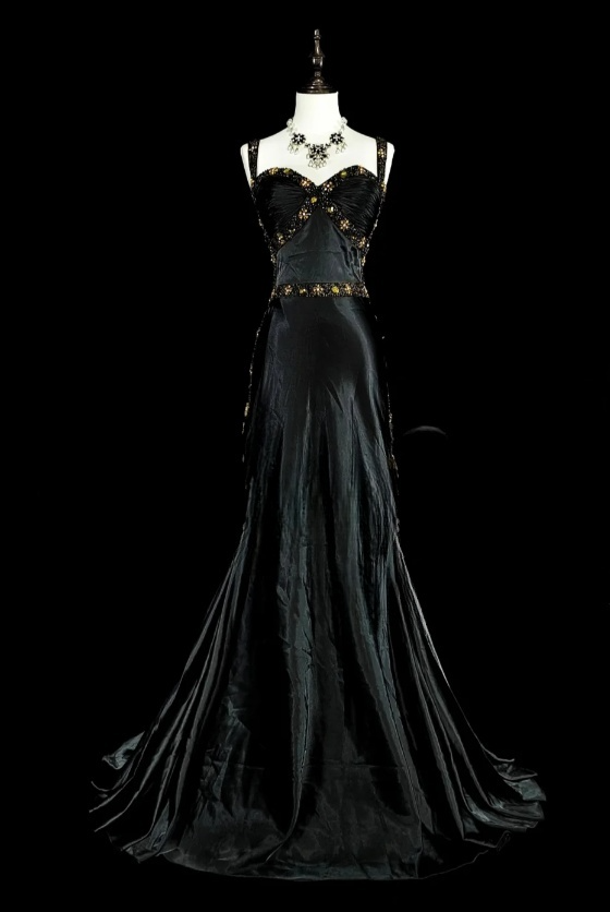 Elegant Sheath Black Long Prom Dress Beaded Satin Straps Evening Dress Sleeveless Formal Dress ED06439