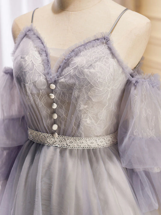 Hellviolettes kurzes A-Linien-Ballkleid aus Spitzentüll, Hellviolettes Homecoming-Kleid ED0644