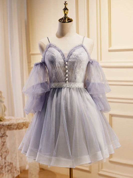 Hellviolettes kurzes A-Linien-Ballkleid aus Spitzentüll, Hellviolettes Homecoming-Kleid ED0644