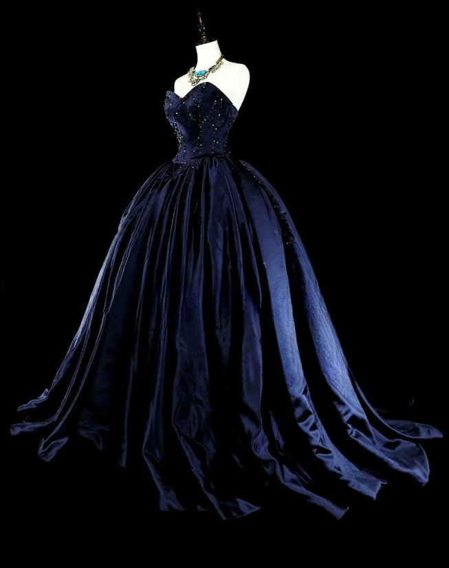 Elegant Sheath Navy Blue Long Prom Dress Beaded Satin Sweetheart Evening Dress Sleeveless Formal Dress ED06440