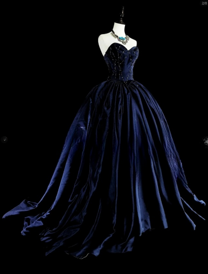 Elegant Sheath Navy Blue Long Prom Dress Beaded Satin Sweetheart Evening Dress Sleeveless Formal Dress ED06440
