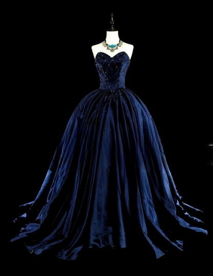 Elegant Sheath Navy Blue Long Prom Dress Beaded Satin Sweetheart Evening Dress Sleeveless Formal Dress ED06440