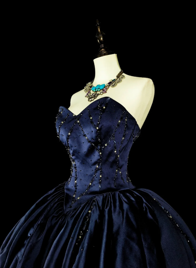 Elegant Sheath Navy Blue Long Prom Dress Beaded Satin Sweetheart Evening Dress Sleeveless Formal Dress ED06440