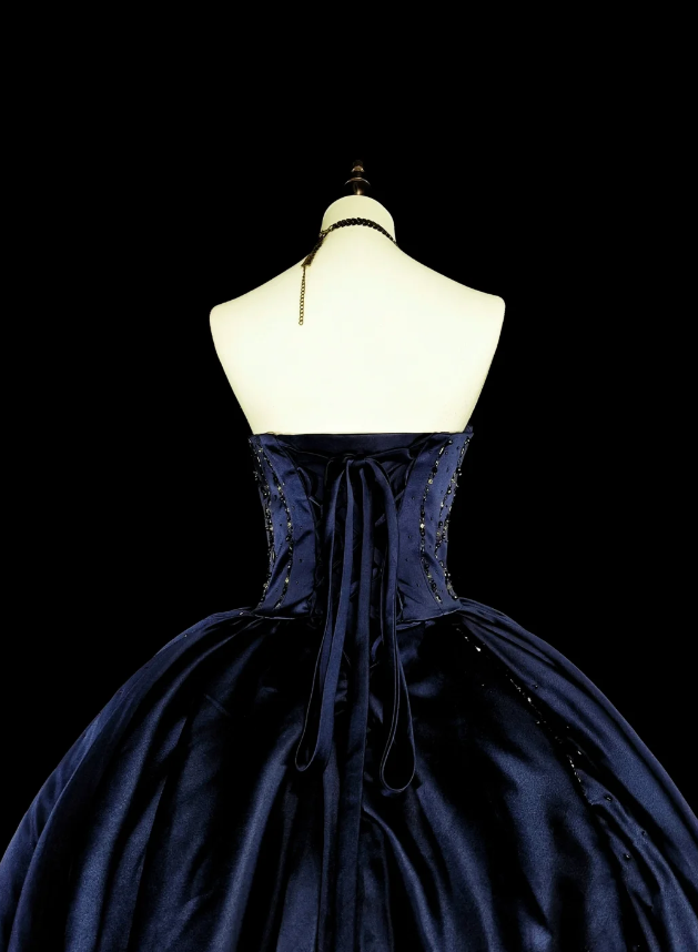 Elegant Sheath Navy Blue Long Prom Dress Beaded Satin Sweetheart Evening Dress Sleeveless Formal Dress ED06440