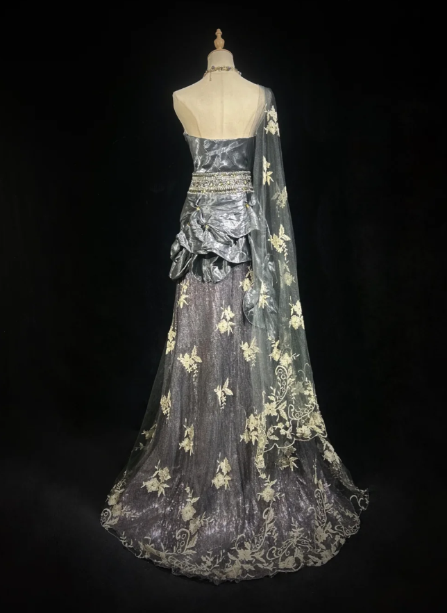 Chic Sheath Gray Long Prom Dress Beaded Satin One-shoulder Evening Dress ED06443