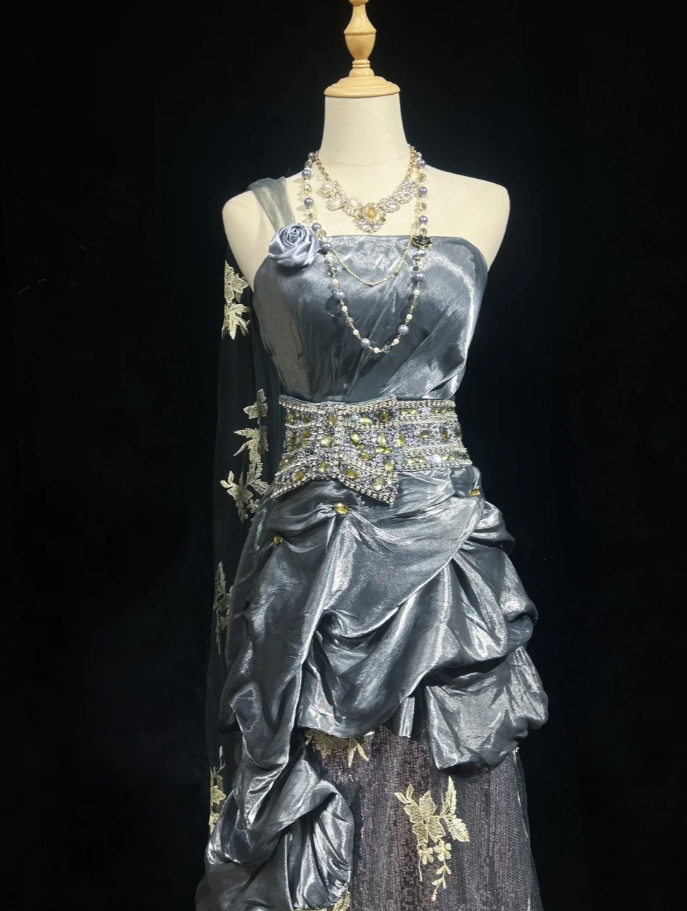 Chic Sheath Gray Long Prom Dress Beaded Satin One-shoulder Evening Dress ED06443