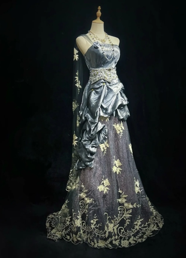 Chic Sheath Gray Long Prom Dress Beaded Satin One-shoulder Evening Dress ED06443