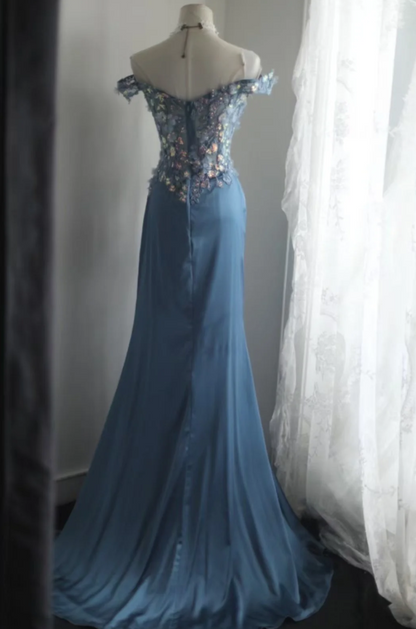 Chic Sheath Blue Long Prom Dress Beaded Satin Off-shouder Evening Dress ED06445