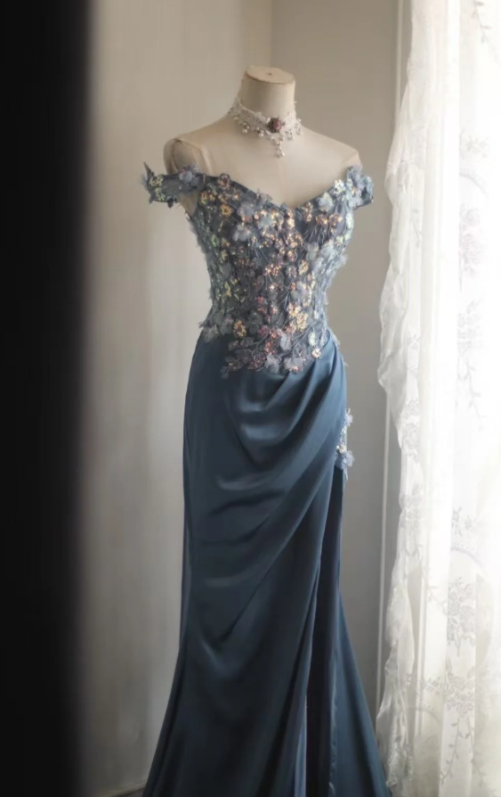 Chic Sheath Blue Long Prom Dress Beaded Satin Off-shouder Evening Dress ED06445