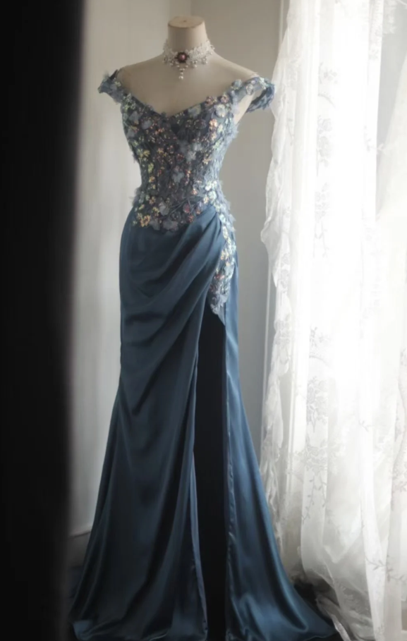 Chic Sheath Blue Long Prom Dress Beaded Satin Off-shouder Evening Dress ED06445