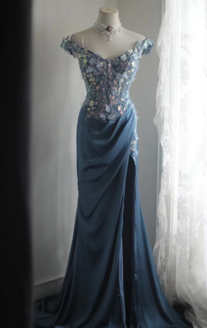 Chic Sheath Blue Long Prom Dress Beaded Satin Off-shouder Evening Dress ED06445