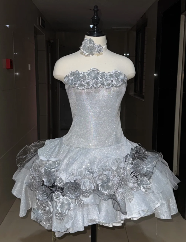 Chic A-line Gray Short Prom Dress Glitter Strapless Party Dress Cute Birthday Dress ED06447