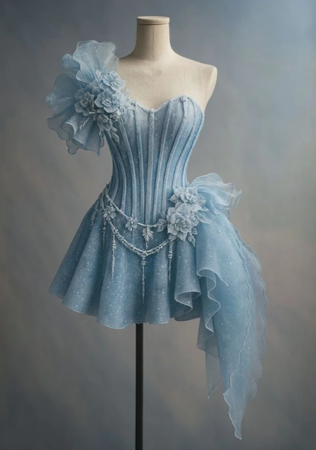 Chic A-line Blue Short Prom Dress Glitter Tulle One-shoulder Party Dress Sleeveless Cute Birthday Dress ED06448