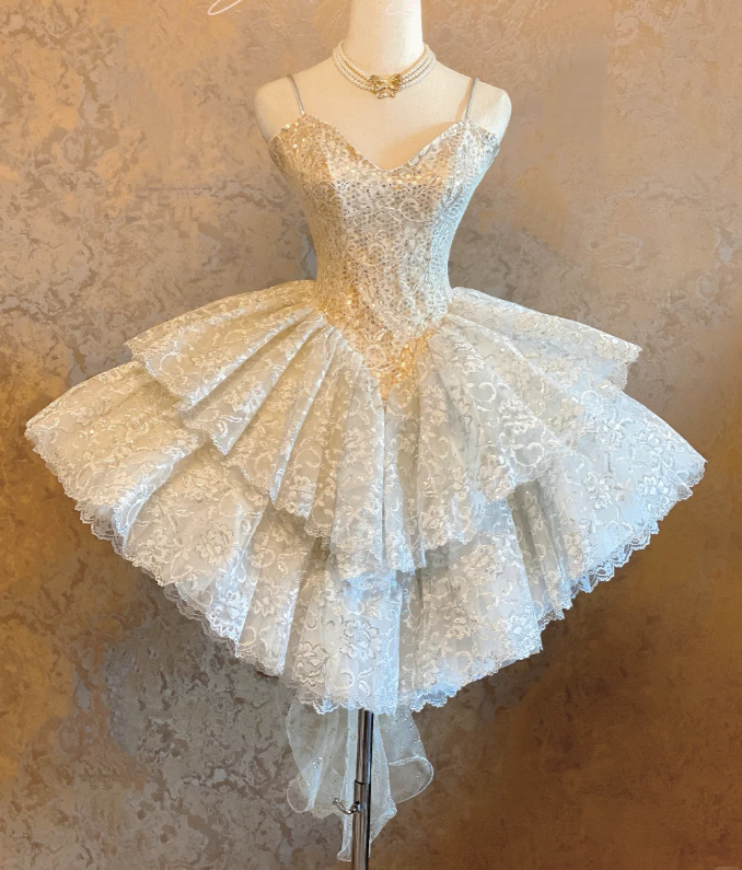 Chic A-line White Short Prom Dress Lace Spaghetti Straps Party Dress Sleeveless Cute Birthday Dress ED06449