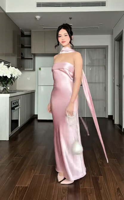 Chic Sheath Pink Long Prom Dress Satin Strapless Bridesmaid Dress ED06450