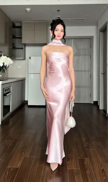 Chic Sheath Pink Long Prom Dress Satin Strapless Bridesmaid Dress ED06450