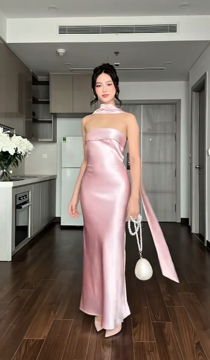 Chic Sheath Pink Long Prom Dress Satin Strapless Bridesmaid Dress ED06450
