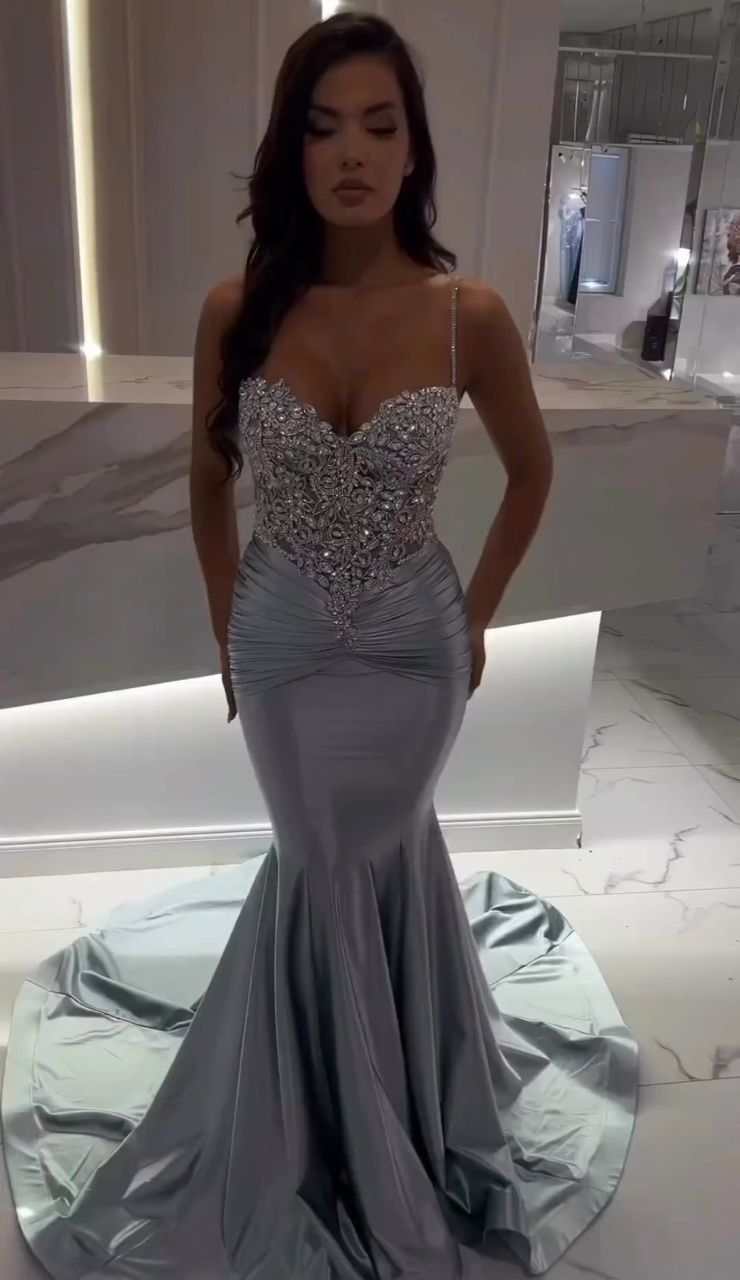 Gorgeous Mermaid Tiffany Blue Long Prom Dress Satin Beaded Spaghetti Straps Evening Dress Sleeveless Birthday Dress ED06452