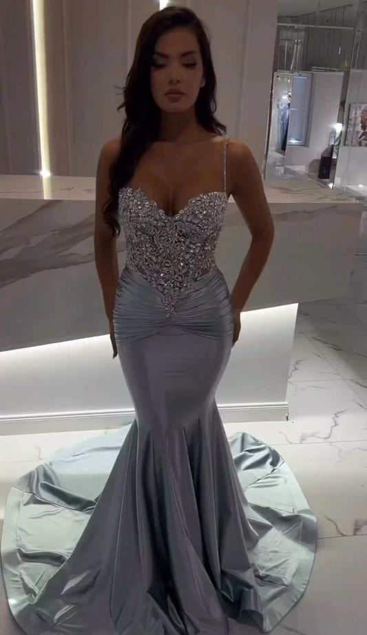Gorgeous Mermaid Tiffany Blue Long Prom Dress Satin Beaded Spaghetti Straps Evening Dress Sleeveless Birthday Dress ED06452