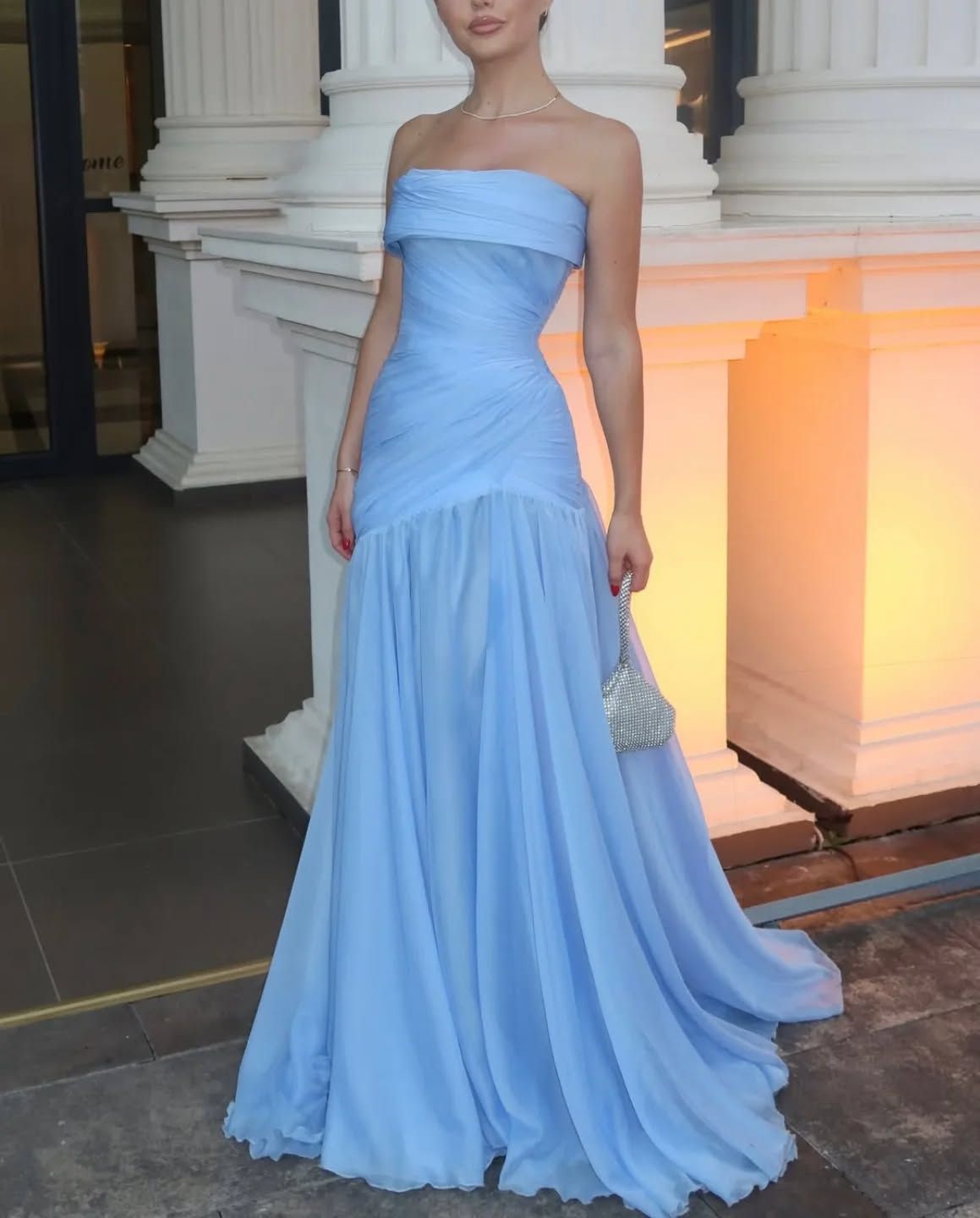 Gorgeous Sheath Blue Long Prom Dress Tulle Strapless Evening Dress Sle ...