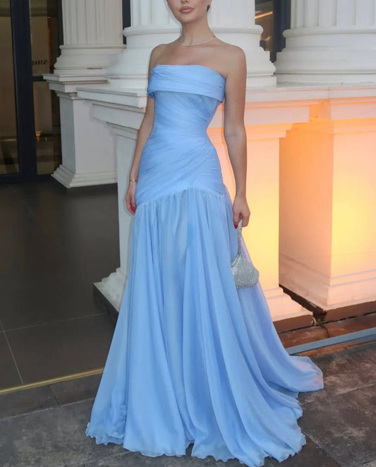 Gorgeous Sheath Blue Long Prom Dress Tulle Strapless Evening Dress Sleeveless Birthday Dress ED06455