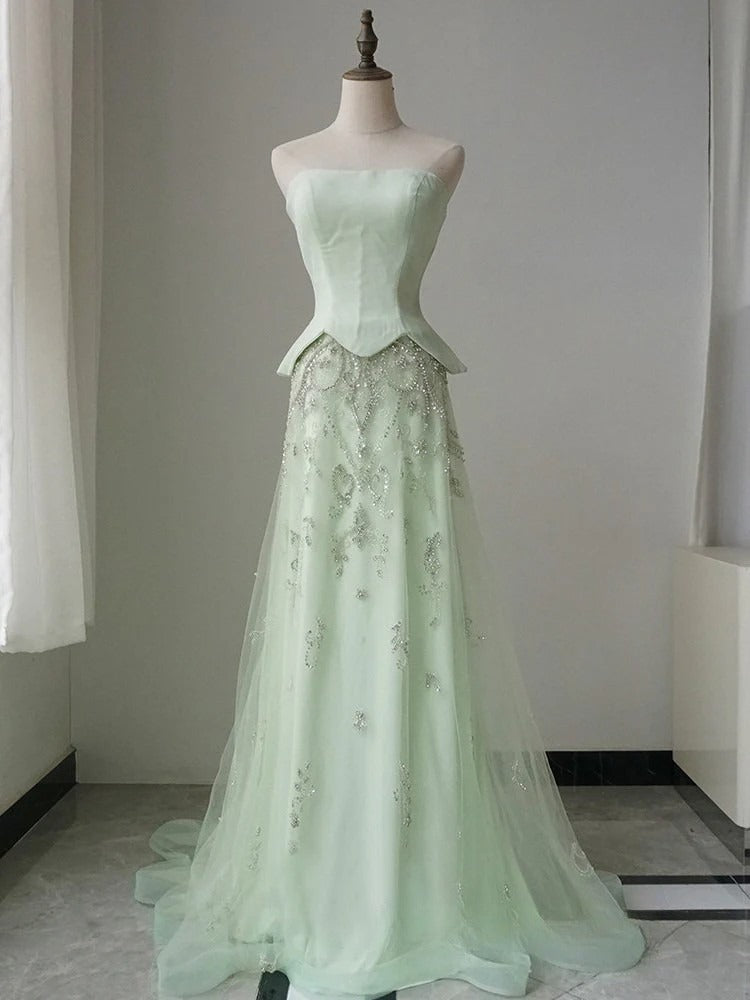 Gorgeous A-Line Green Long Prom Dress Tulle Strapless Evening Dress Sleeveless Birthday Dress ED06456