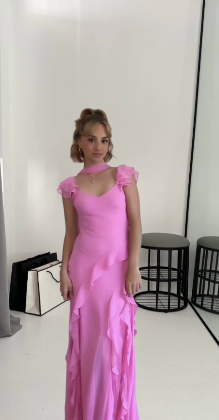 Chic Sheath Pink Long Prom Dress Chiffon V-neck Evening Dress ED06459