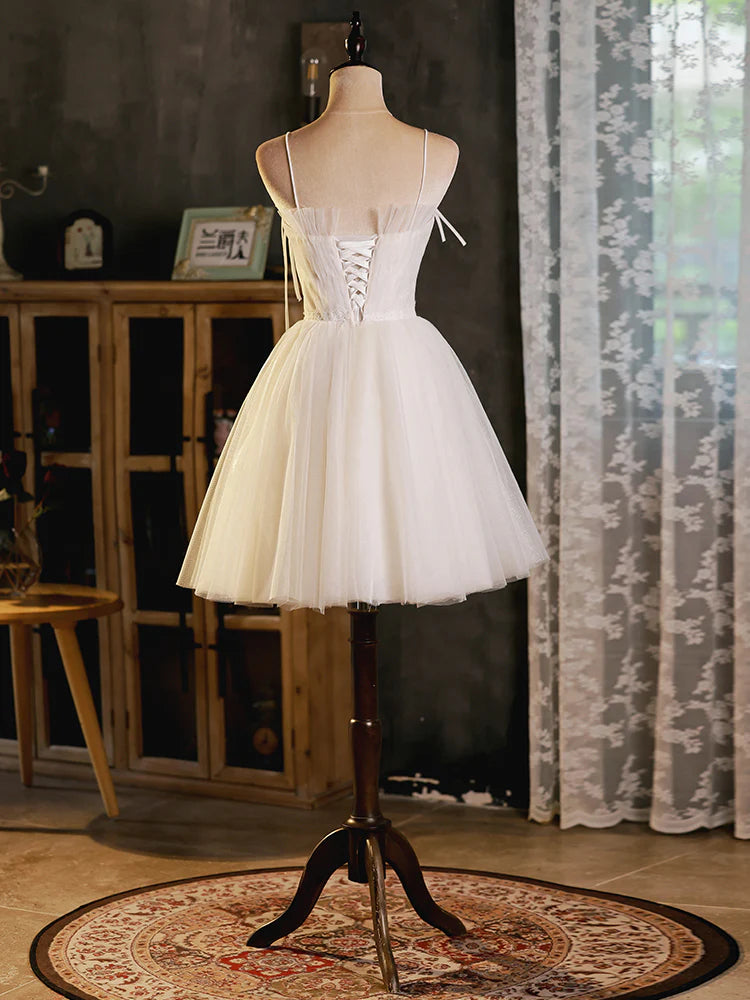 A-Line Beige Tulle Short Prom Dress, Beige Cute Homecoming Dress ED0646