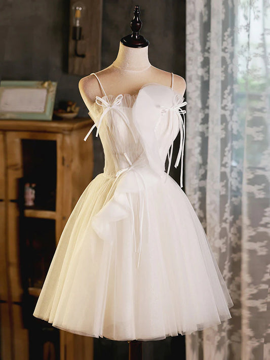 A-Line Beige Tulle Short Prom Dress, Beige Cute Homecoming Dress ED0646