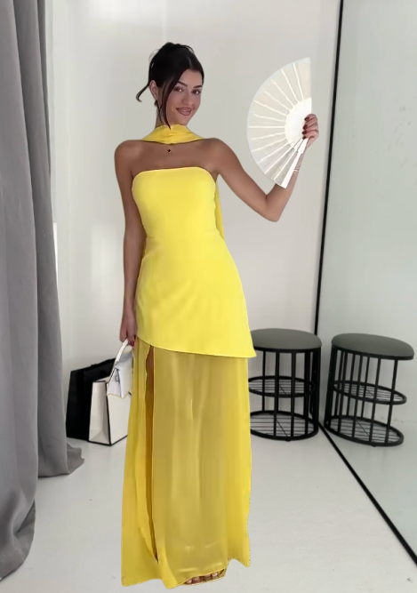 Sexy Sheath Yellow Long Prom Dress Strapless Evening Dress Sleeveless Birthday Dress ED06463